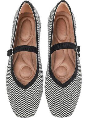 Knit Flats for Women Square Toe Casual Ballet Flat Shoes with Ankle Strap Washab
